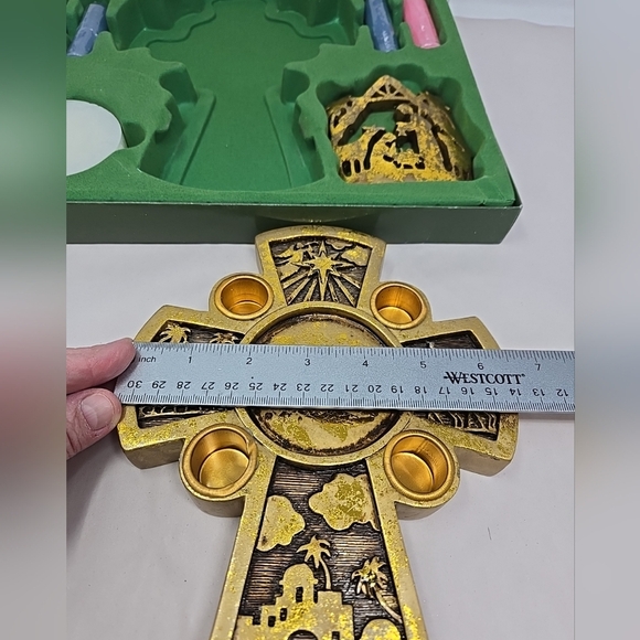 Vintage Dicksons Nativity Avent Candle Holder Religious Scripture Cross Gold - Picture 13 of 14